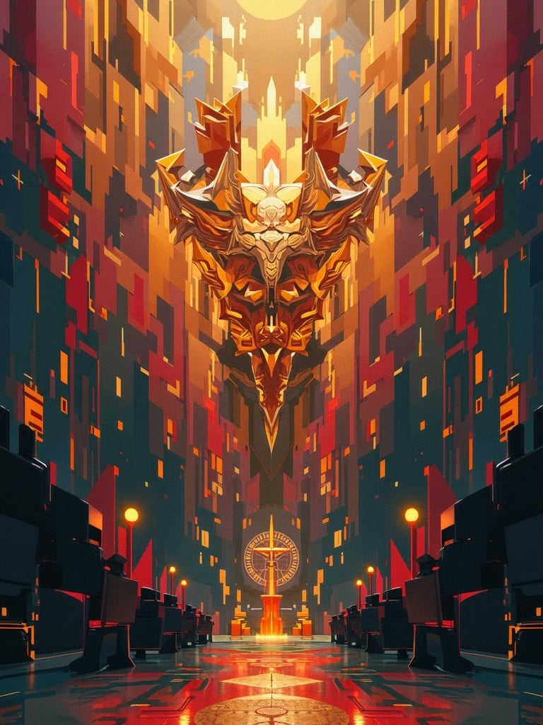 A striking illustration featuring a large golden geometric shape that resembles a dragon or mask. The scene is set in a grand hall with towering geometric structures. The background features red and orange hues against dark blues and blacks, creating a dramatic effect. There are symbolic elements like a circular motif at the base, adding to the mystical atmosphere.