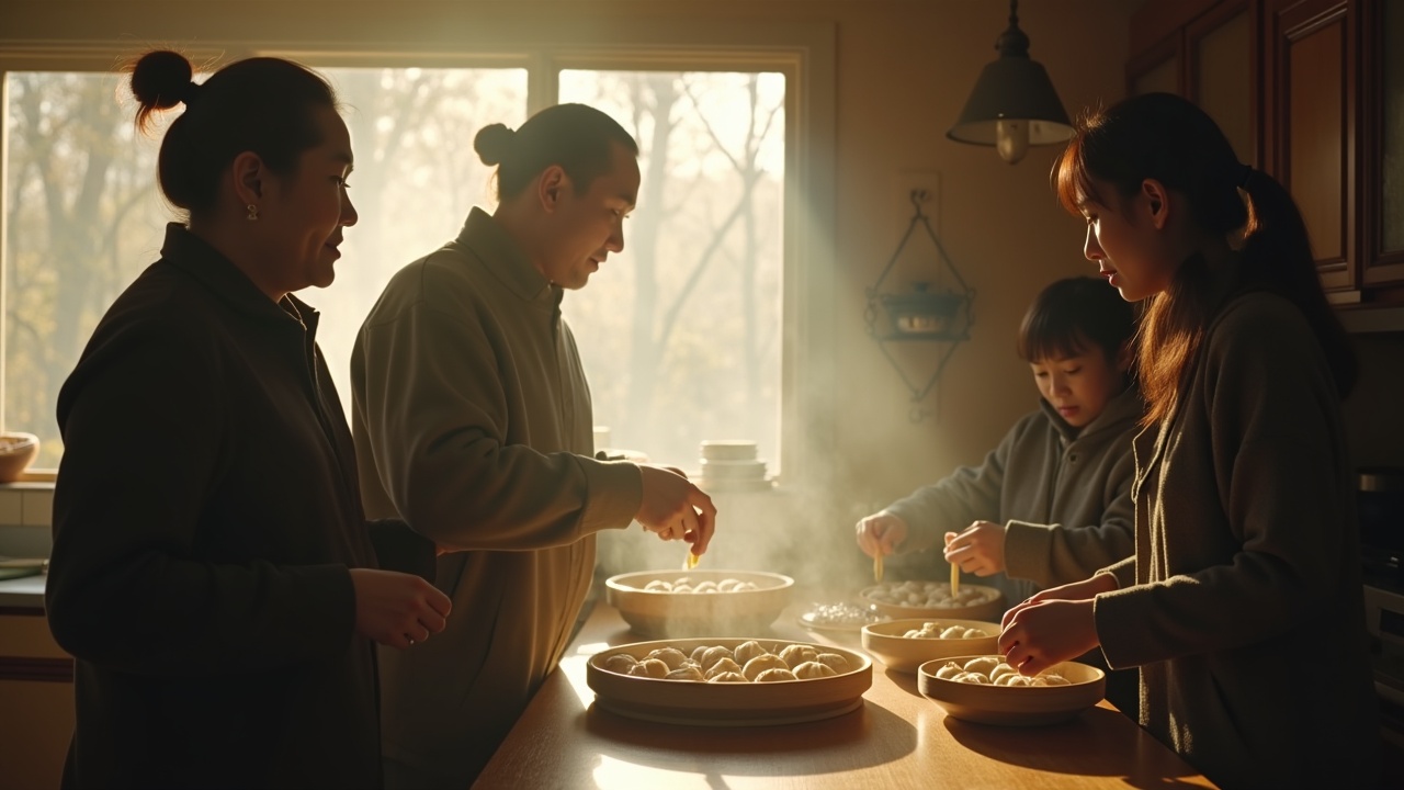 The image depicts a heartwarming scene of a family gathering in a cozy kitchen as they prepare dumplings together. It captures a moment during the beginning of winter, with soft, warm lighting illuminating the space. The kitchen is filled with steam, enhancing the sense of warmth and togetherness. Family members, including adults and children, engage in the cooking process, showcasing the importance of culinary traditions in their culture. Rich details and movie color correction give the scene a cinematic feel, making it evocative and inviting.