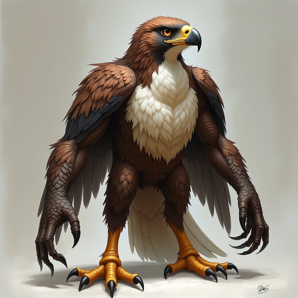 A creature embodies the presence of a hawk with humanoid characteristics. Sharp eyes reflect keen intelligence. The figure stands upright, showcasing elegance and power. Feathers adorn its arms, transitioning to talon-like hands. Its chest features a mix of feathers and skin, combining strength and flight. The face merges a regal beak with expressive human-like eyes.