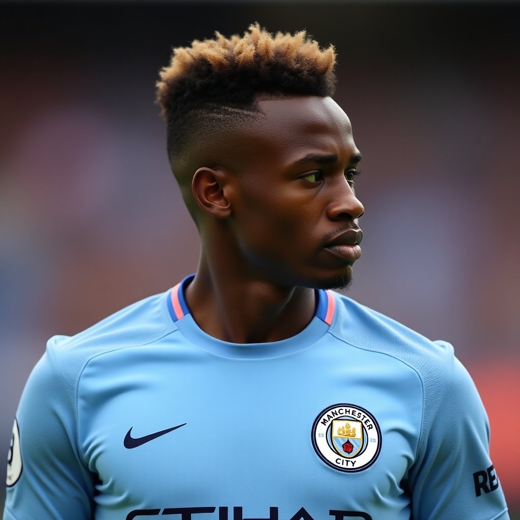 The image features a football player facing to the side. He has a tapered fade hairstyle and is wearing a Manchester City away kit. His expression is focused, suggesting readiness for a game. The kit is predominantly sky blue with a crest. The natural lighting adds a vibrant feel to the scene, highlighting his features. This portrayal captures the essence of modern football culture.