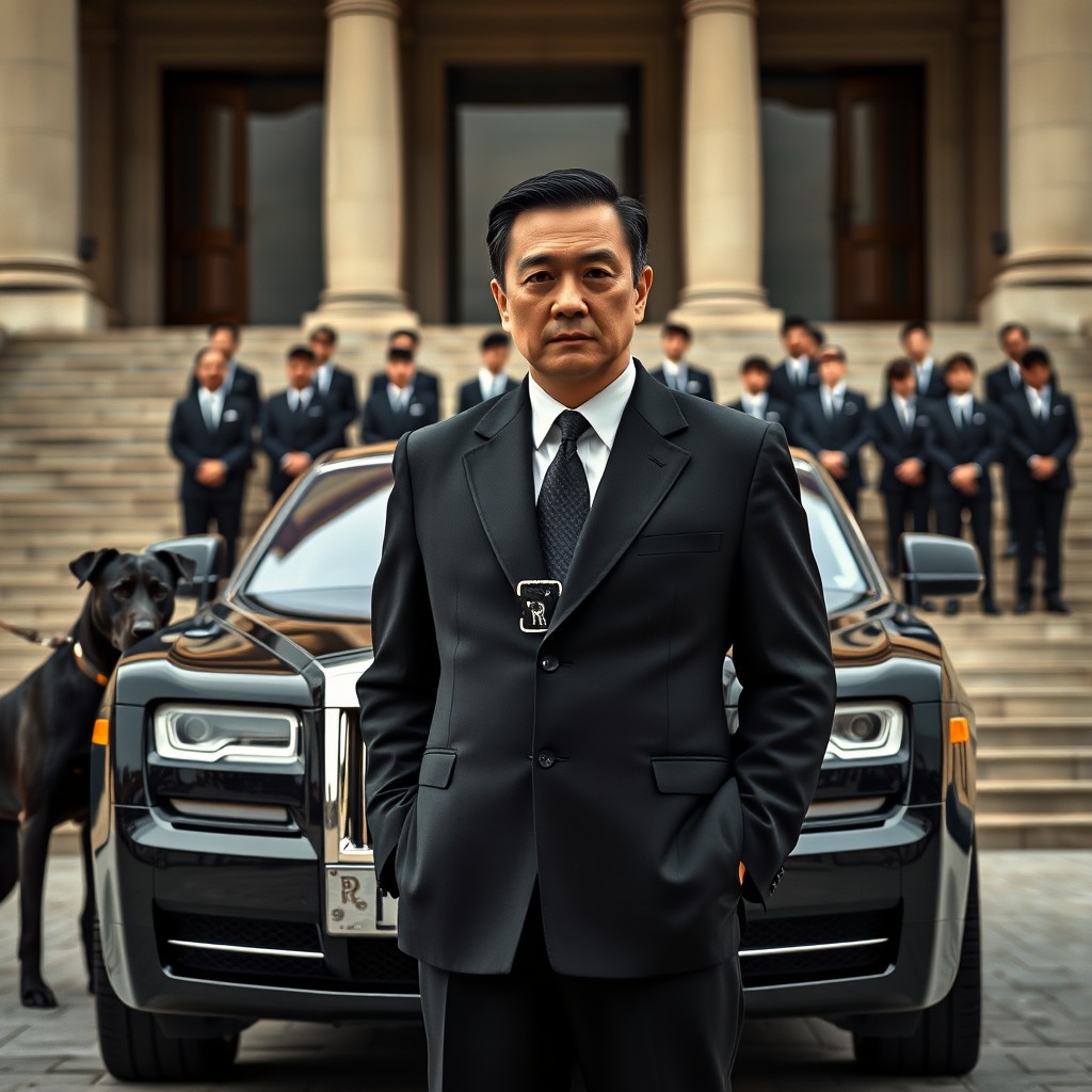 A man in a black suit stands confidently in front of a luxury car, with a group of similarly dressed individuals behind him.