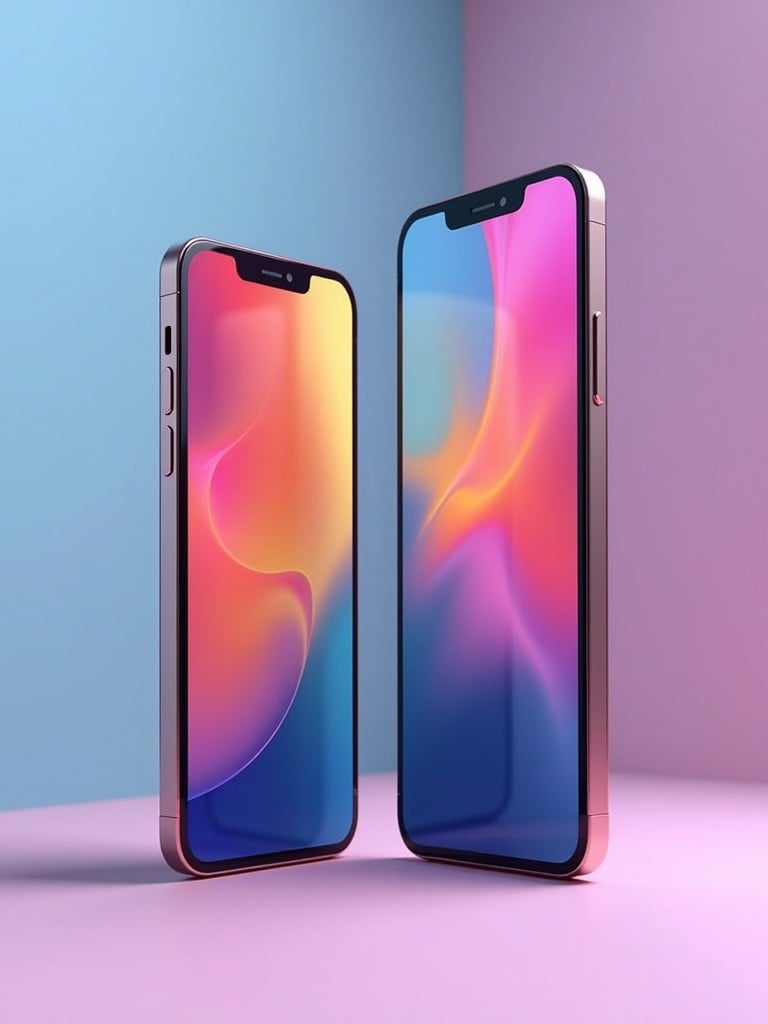 A digital mockup showcases two smartphones. The design features colorful app interfaces. Emphasizing modern technology and UI design. The background blends soft colors.