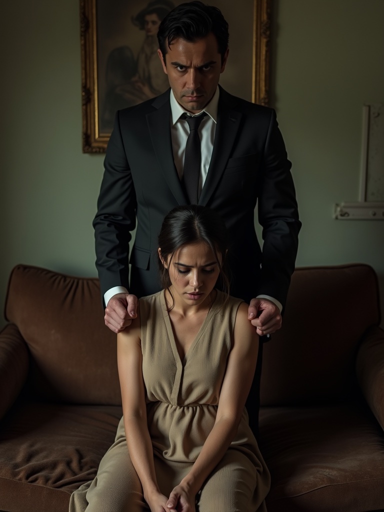 A dimly lit living room contains outdated furniture and muted tones. A woman sits on a worn-out sofa. She wears a modest beige dress. The atmosphere conveys fear and vulnerability. A man stands behind her wearing a crisp suit. He displays anger with his posture and gaze. The setting enhances the emotional tension within the scene.