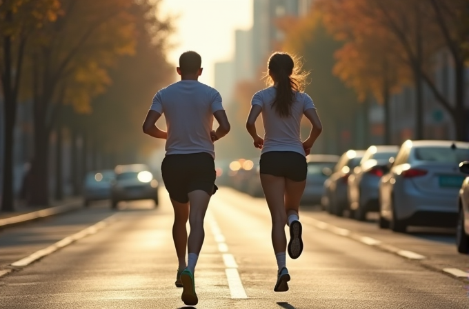 Two people are jogging down an empty city street lined with parked cars during a golden sunrise.