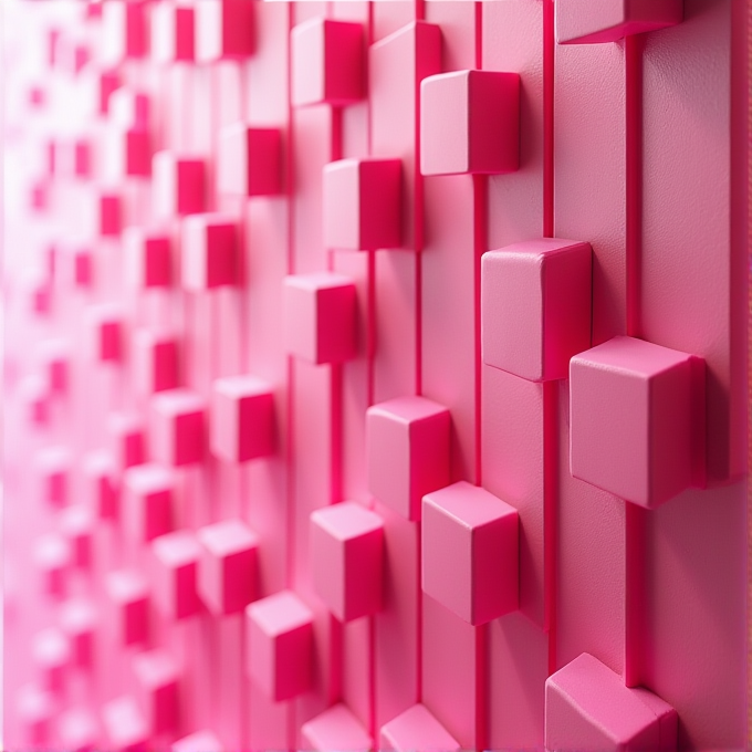 The image shows a wall with protruding pink cubes arranged in a repeating pattern.