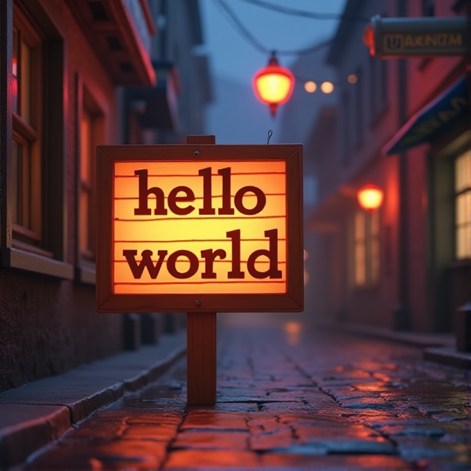 A wooden sign with 'hello world' illuminates a cobblestone alleyway with a warm, orange glow.