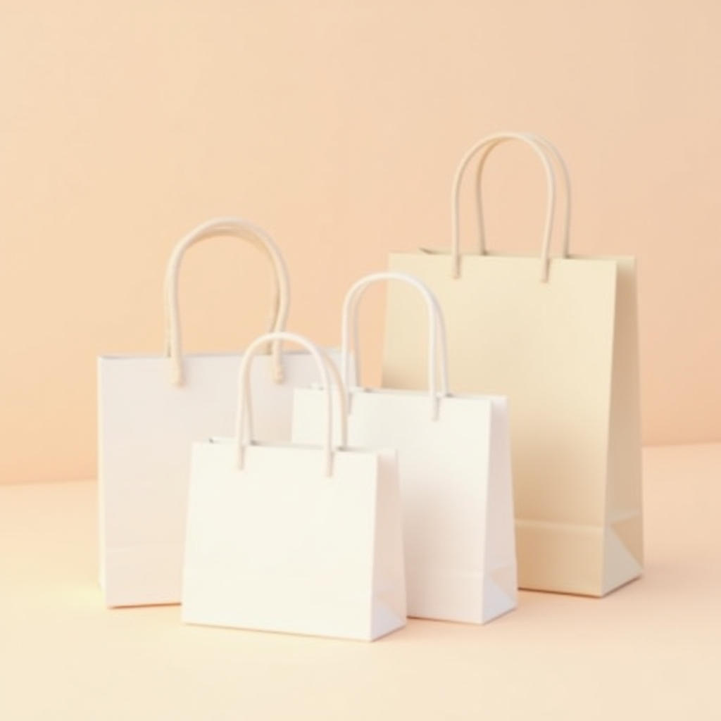 Four white paper shopping bags with handles are arranged on a light peach background.