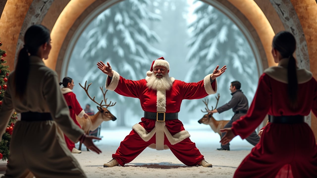 Cinematic image of Santa Claus with open arms. Diverse people practicing Tai Chi in different styles. Snowy woods visible. Sleigh with reindeer parked. Wide shot showing Santa surrounded by joyful individuals.