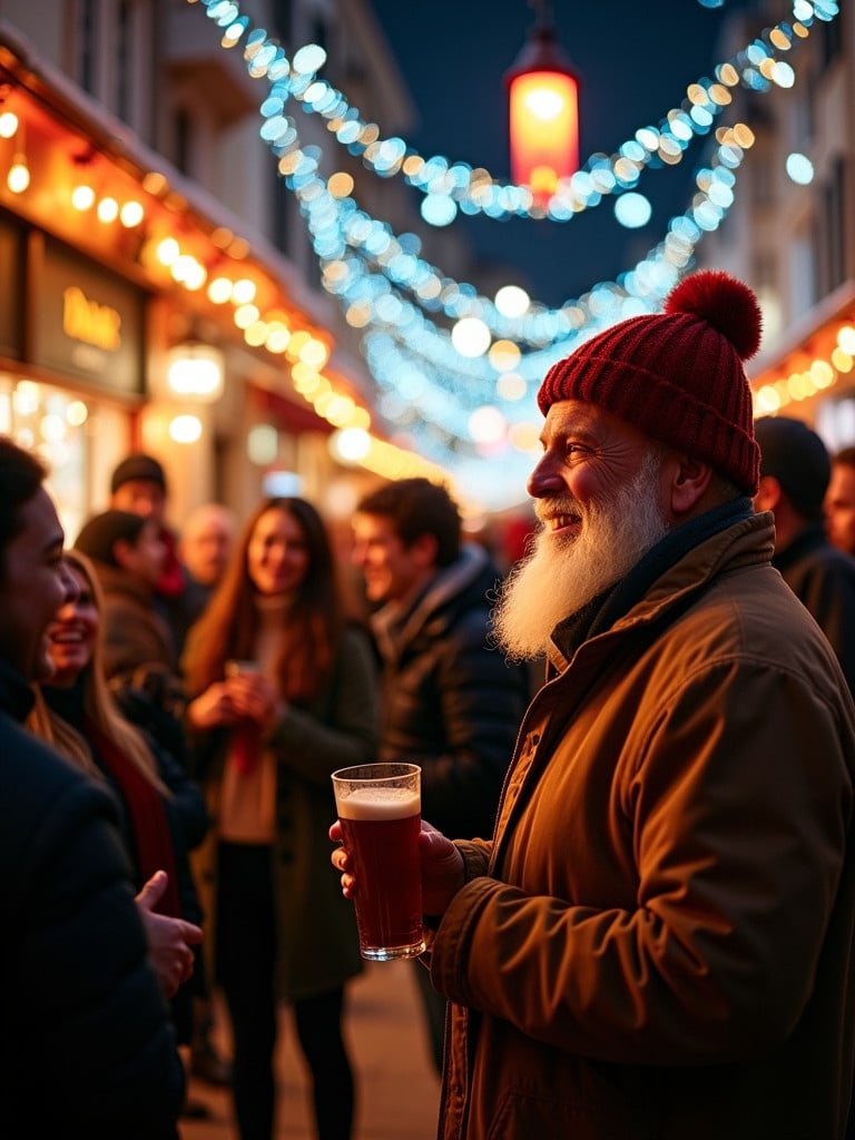 Lively scene captures Christmas celebration with warm lights. Man with white beard holds drink amidst joyful crowd. Street decorated with shimmering lights. Atmosphere filled with laughter and conversations. Inviting feel of festive spirit shines through.