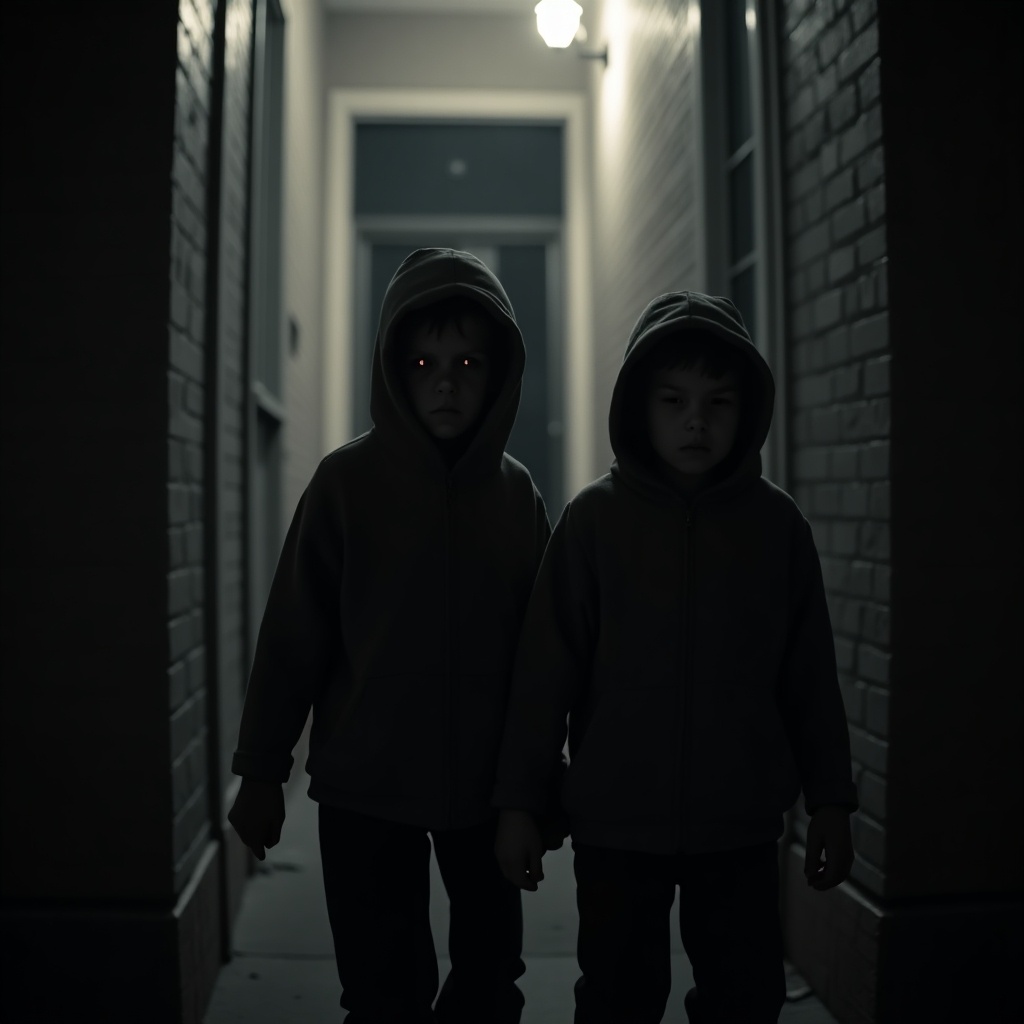 The image features two children standing together in a dimly lit corridor, both wearing hooded sweatshirts. Their facial expressions appear serious and eerie, with notable dark, almost completely black eyes that enhance their mysterious aura. The setting is a narrow passageway leading to a doorway, with shadows casting unsettling shapes on the ground. The lighting is low, contributing to a chilling atmosphere that evokes feelings of suspense. The composition draws the viewer's attention to the children's presence as they stand confidently at the entrance, allowing a sense of foreboding to permeate the image.