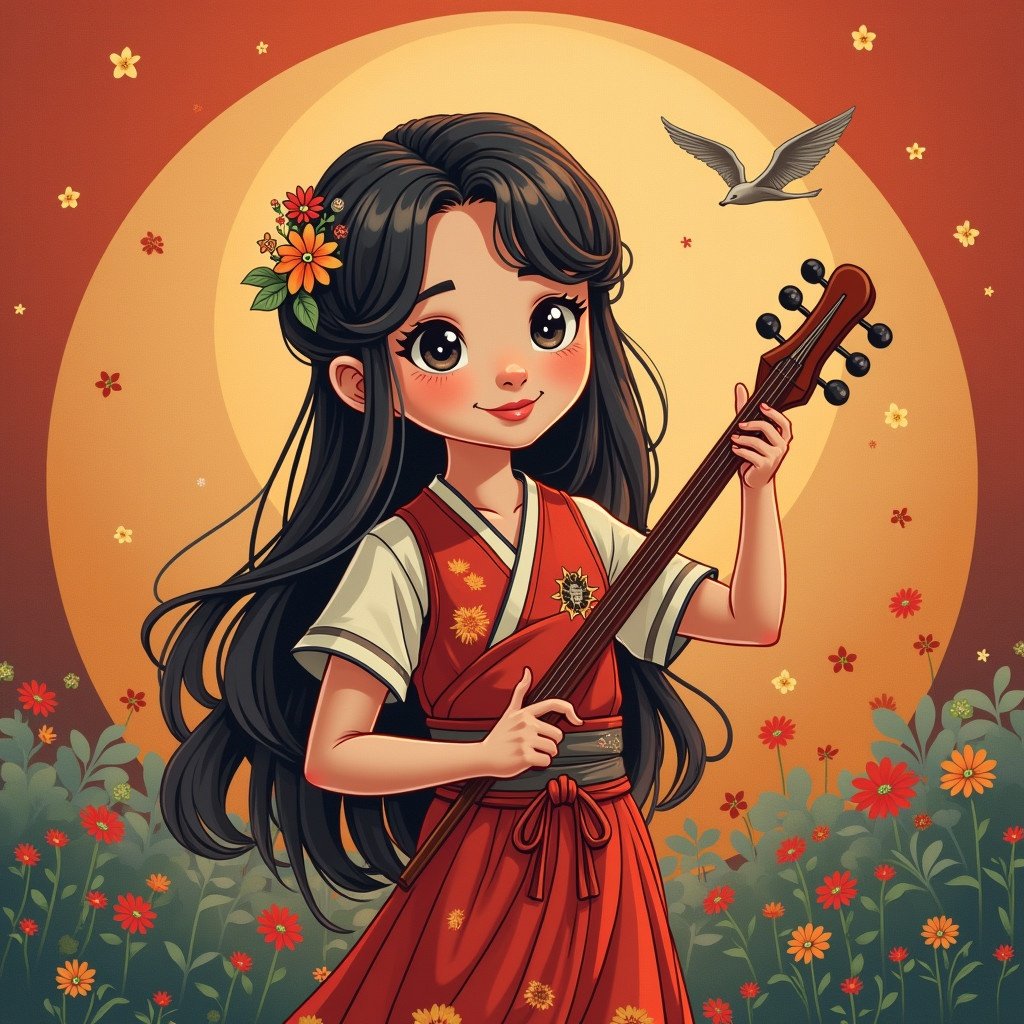 A girl in traditional clothing plays the guitar. Warm colors create a festive atmosphere. Flowers surround the girl. The background features a full moon and a bird. The girl's posture is confident and inviting.