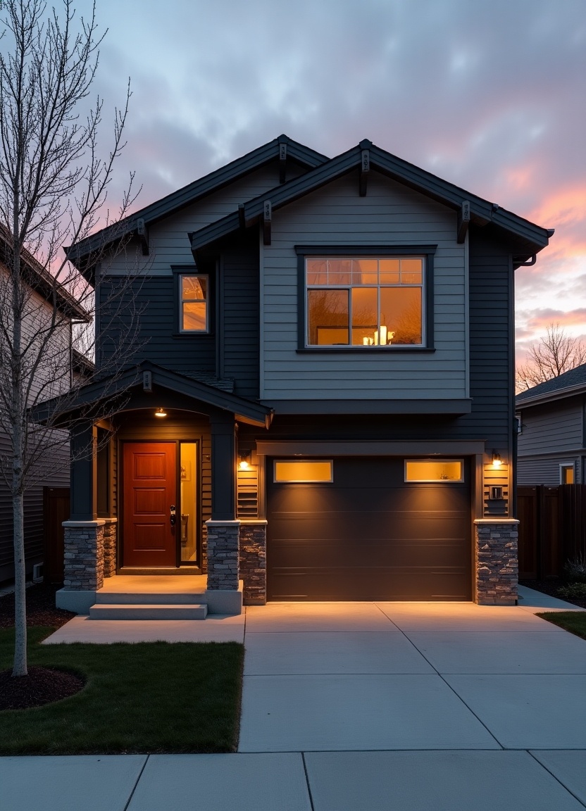 This image shows a modern house with a driveway, set against a stunning sunset. The house features earthy neutral colors, with soft lighting illuminating the front door and garage. The architectural design includes a sleek waterproof finish and detailed stonework. A clear sky with a few clouds creates a beautiful backdrop, enhancing the home's appeal. This scene captures the essence of contemporary living in a suburban environment.