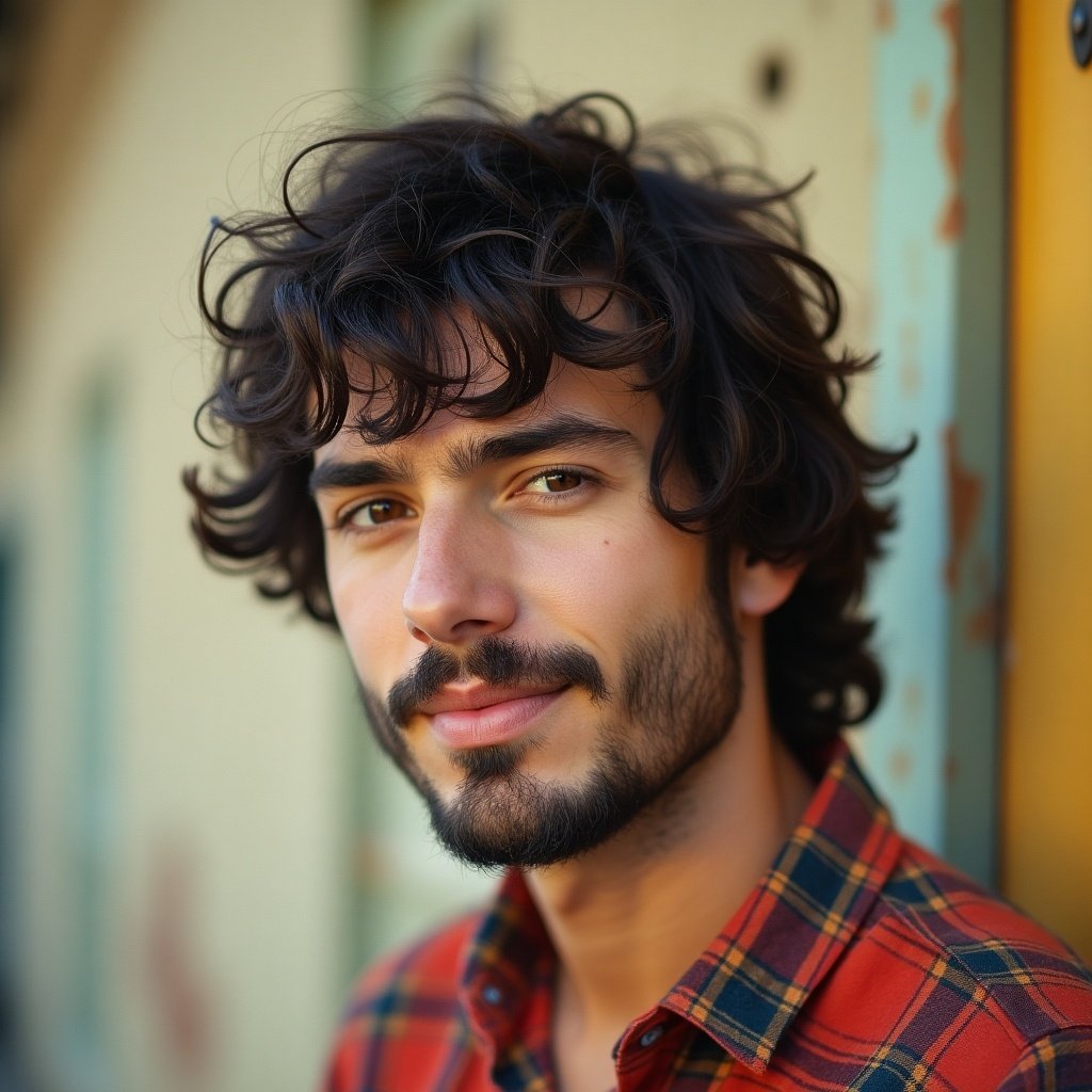 This image features a captivating young man embodying a hippie style reminiscent of America’s cultural landscape from 1970 to 1990. With framed curls and a neatly trimmed hairstyle, he exudes an aura of laid-back charm. His outfit reflects a retro aesthetic, marked by a colorful plaid shirt that adds to his overall appeal. The soft, natural lighting beautifully highlights his facial features, enhancing the warm, approachable vibe. This portrait is perfect for capturing the essence of youthful spirit and carefree attitudes associated with the hippie movement.