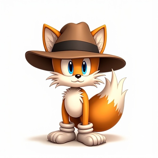 Draw a cartoon fox character with a cute appearance wearing a large wide-brimmed fedora hat. The character is shown in a standing pose with no other clothing or background.