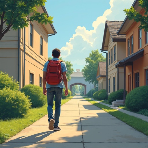 A student walking in a peaceful neighborhood. Sunlight casts gentle shadows. Residential buildings line the walkway. Lush green bushes provide a natural frame. The street leads to an archway in the distance. Student wears a red backpack and walks casually. A serene atmosphere invites exploration.