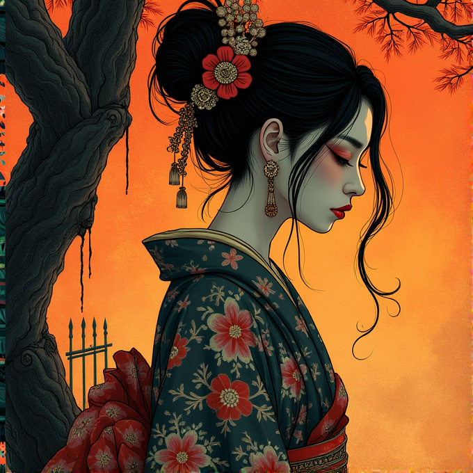 A woman in a floral kimono stands gracefully against an orange sunset.