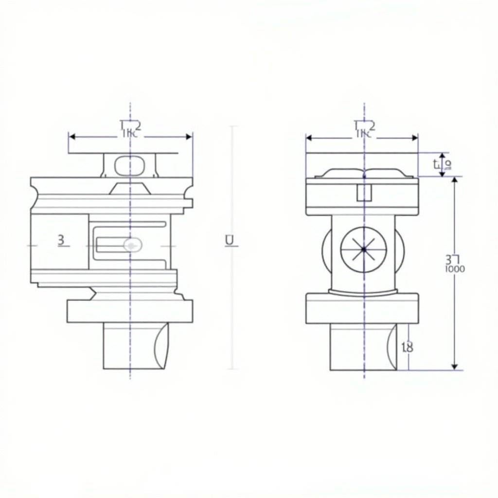 The image displays two technical drawings representing mechanical components. The left drawing showcases a profile view with various lines indicating surfaces. The right drawing presents a front view with circular shapes that may represent holes. Dimensions are clearly marked in millimeters. Features include a slot and circular protrusion. Drawings convey technical specifications relevant for engineering.