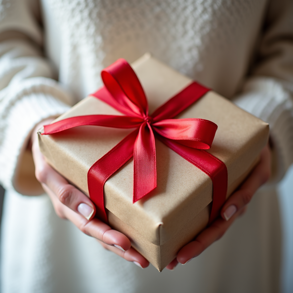 A person in a cozy sweater holds a gift wrapped in brown paper with a red ribbon.