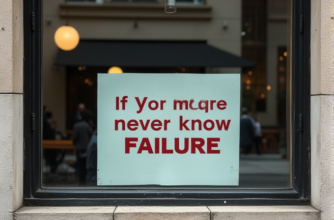 A motivational sign with a typo is placed in a window against an urban courtyard backdrop.