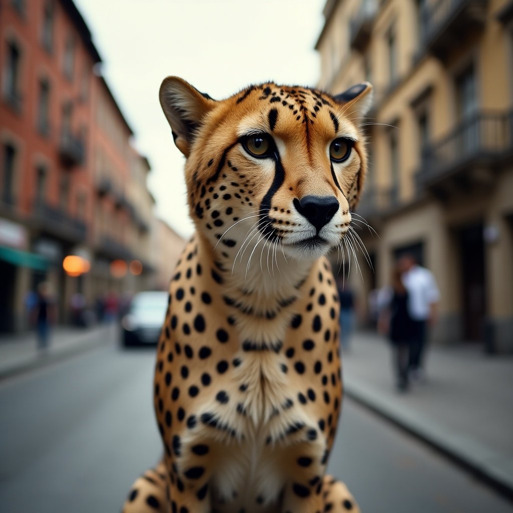 A cheetah sits calmly in an urban street. Background features historical buildings. The cheetah looks directly at the viewer. Its fur pattern and striking eyes are emphasized. Evening soft light casts gentle shadows. People can be seen in the background walking.