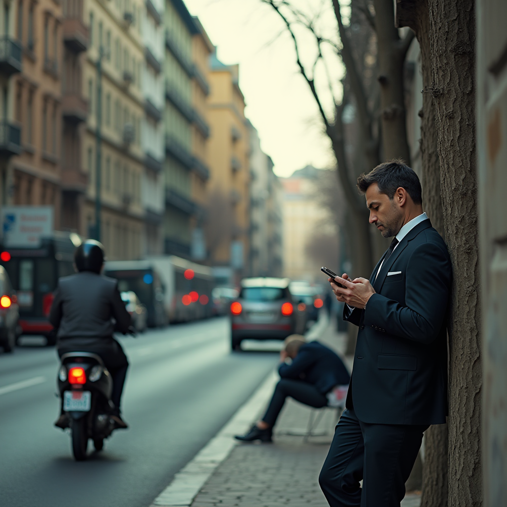 A man in a suit checks his phone while leaning against a wall on a busy city street.