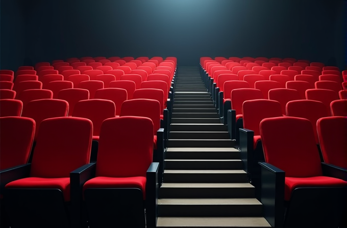 Rows of empty red theater seats are arranged symmetrically with a central aisle leading to the back.