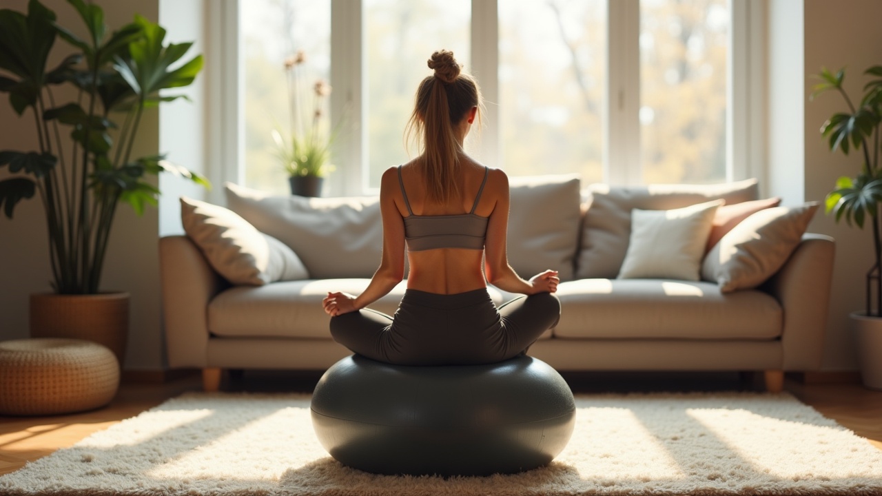 A cute, pretty young woman is sitting cross-legged on a transparent black yoga ball. She is meditating in a sunny Danish living room. The room is filled with greenery and light-colored furniture, creating a calming atmosphere. Natural light streams through the large windows, illuminating the space. The woman is dressed in sporty attire, embodying a sense of peace and mindfulness as she focuses on her meditation practice.