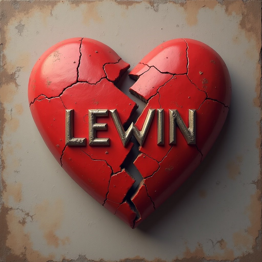 Image of a broken heart, red and cracked. Name LEWIN displayed prominently. Background is simple, textured surface.