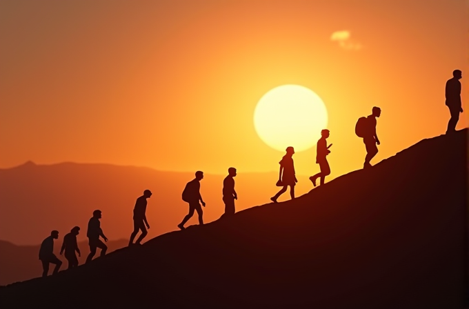 Silhouettes of people hiking up a hill against a striking sunset backdrop.