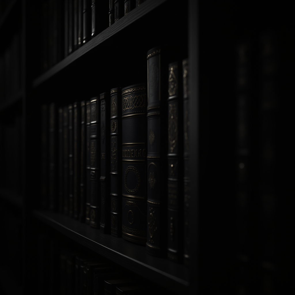 A row of darkly bound books on a dimly lit shelf.