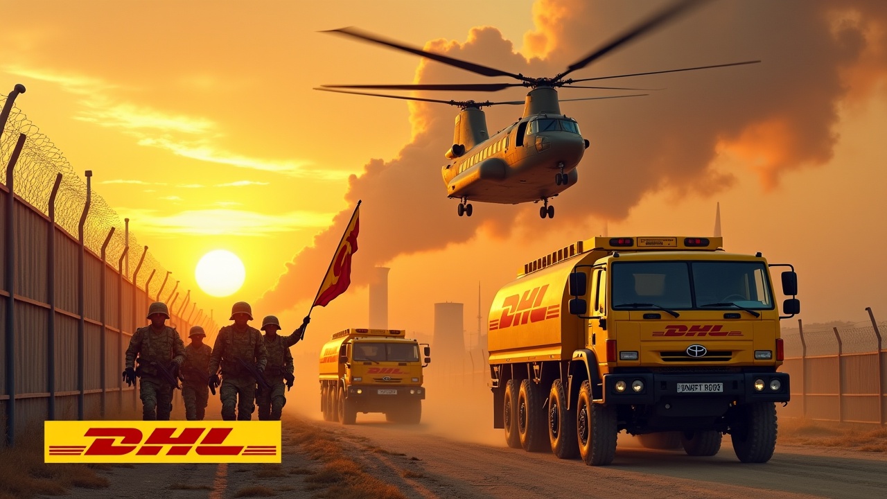 In a dramatic scene, several yellow armored trucks drive up to a fence. The armored trucks are painted with the DHL logo. Nearby, several soldiers holding rifles are seen marching together in unison. One soldier stands valiantly holding a flag with the DHL logo. In the background, we can see a nuclear power plant. The sky is illuminated by the fiery sun, and a large Chinook cargo helicopter with the DHL logo flies above, adding to the intensity of the scene. At the bottom, we see the DHL logo, displayed in bold, yellow text.