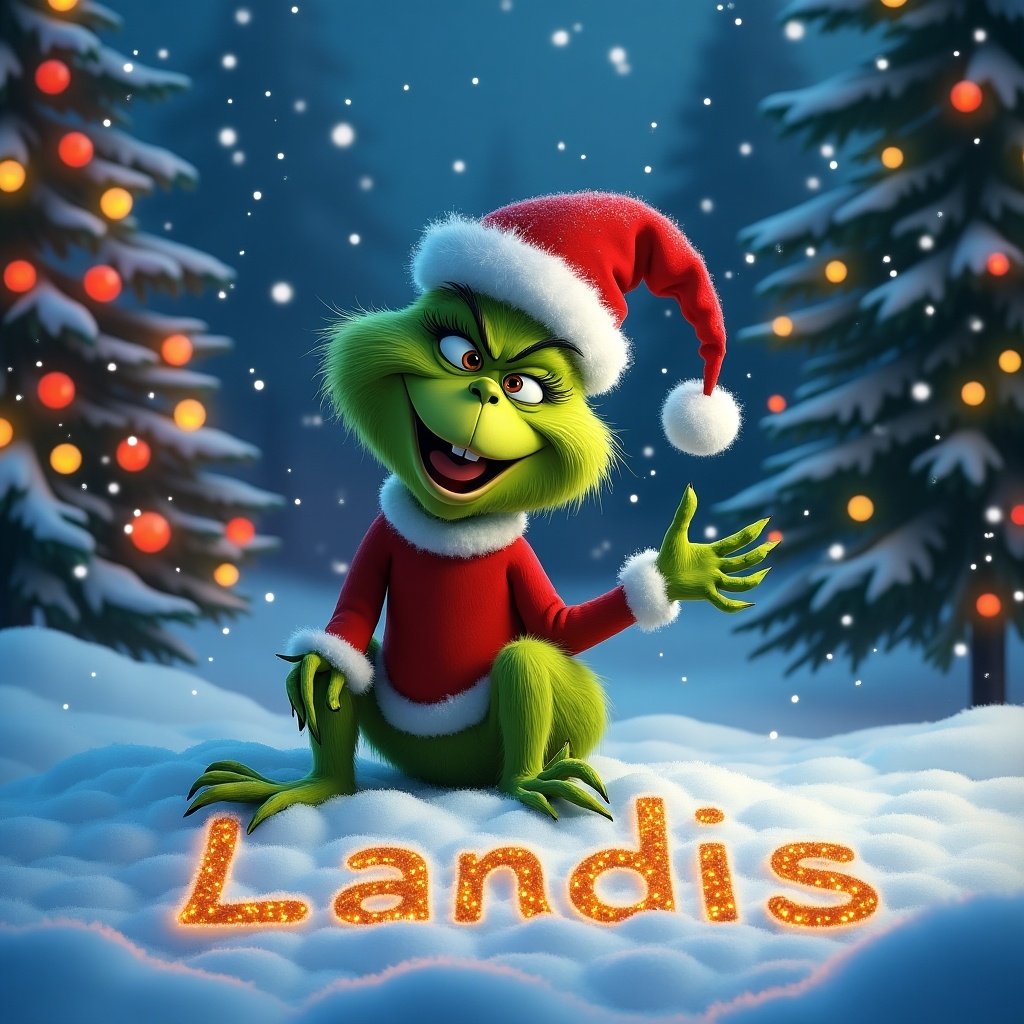 The Grinch wearing a Santa hat is writing the name Landis in the snow. Surrounding him are decorated Christmas trees and snowflakes falling in a winter landscape.