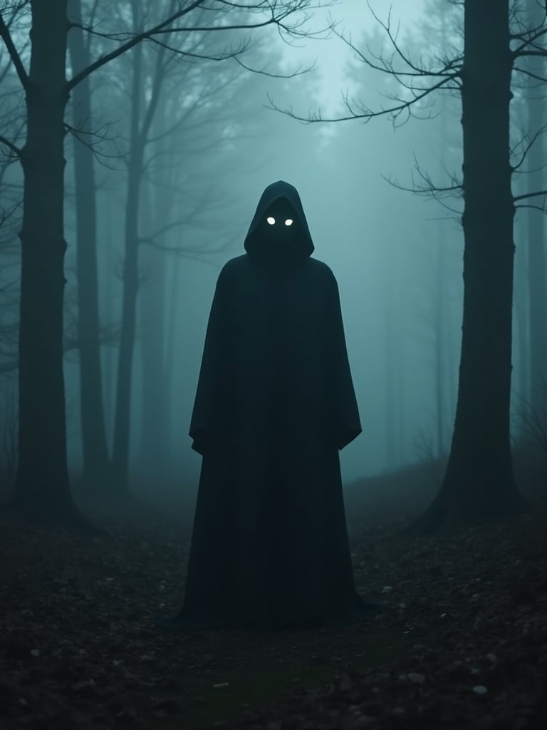 A dark faceless figure stands in a foggy forest. The figure appears ghostlike. The atmosphere is cool and dark.