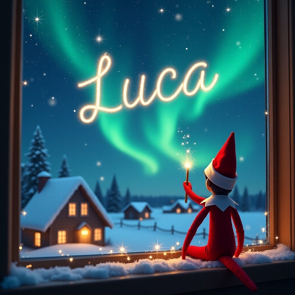 In this enchanting Christmas scene, an elf on the shelf sits on a ledge, gazing out the window at a breathtaking night sky. The elf wears a classic red outfit with a pointed hat and holds a wand. With skill, it writes the name 'Lucía' in sparkling lights above. The backdrop is filled with beautiful northern lights and stars twinkling brightly, creating a mesmerizing atmosphere. Below, cozy houses with warm lights illuminate the snowy landscape, capturing the wonder and joy of the holiday season. The elf also gracefully writes additional names into the sky, adding to the magic of this moment.