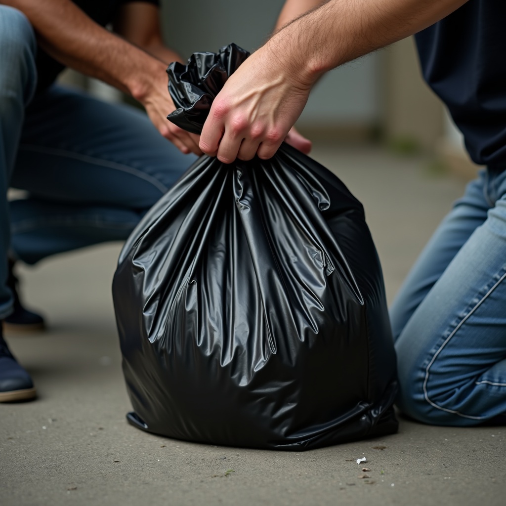 The image shows a close-up view of a hand putting down a large black trash bag on the ground. The focus is on the technique of placing the bag carefully, showing attention to waste management. The hand is gripping the bag tightly, indicating the weight or importance of its contents. The background is slightly blurred, drawing attention to the action taking place. This moment captures a common task in cleaning up and maintaining cleanliness in the environment.