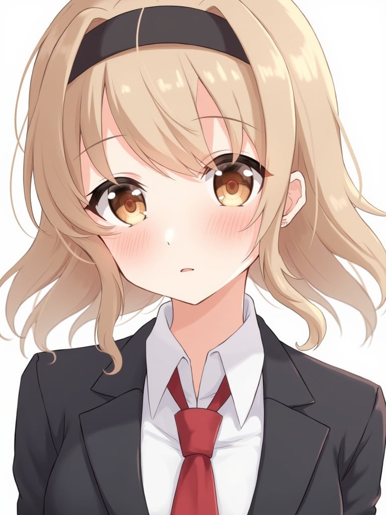 Anime character has light brown hair with a hairband. Character has pale skin, soft blush, and long eyelashes. Character wears a suit and exhibits a cold demeanor. Anime style is the central focus of the image.