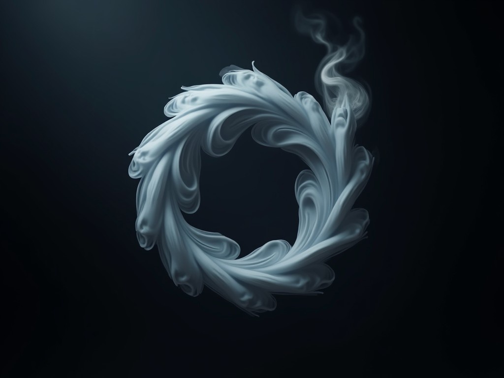 This image features a mesmerizing spiral pattern crafted from white smoke. The wispy tendrils twist elegantly, creating a circular motion. The dark background enhances the ethereal quality of the smoke. The soft, flowing lines evoke a sense of calm and tranquility. This design can serve as a striking visual element for various creative projects.