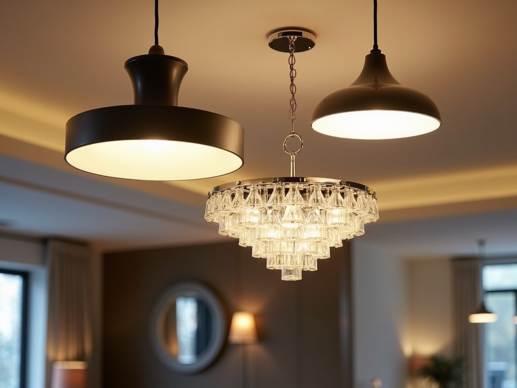 Comparison of modern pendant lights and a classic chandelier in a stylish interior setting.