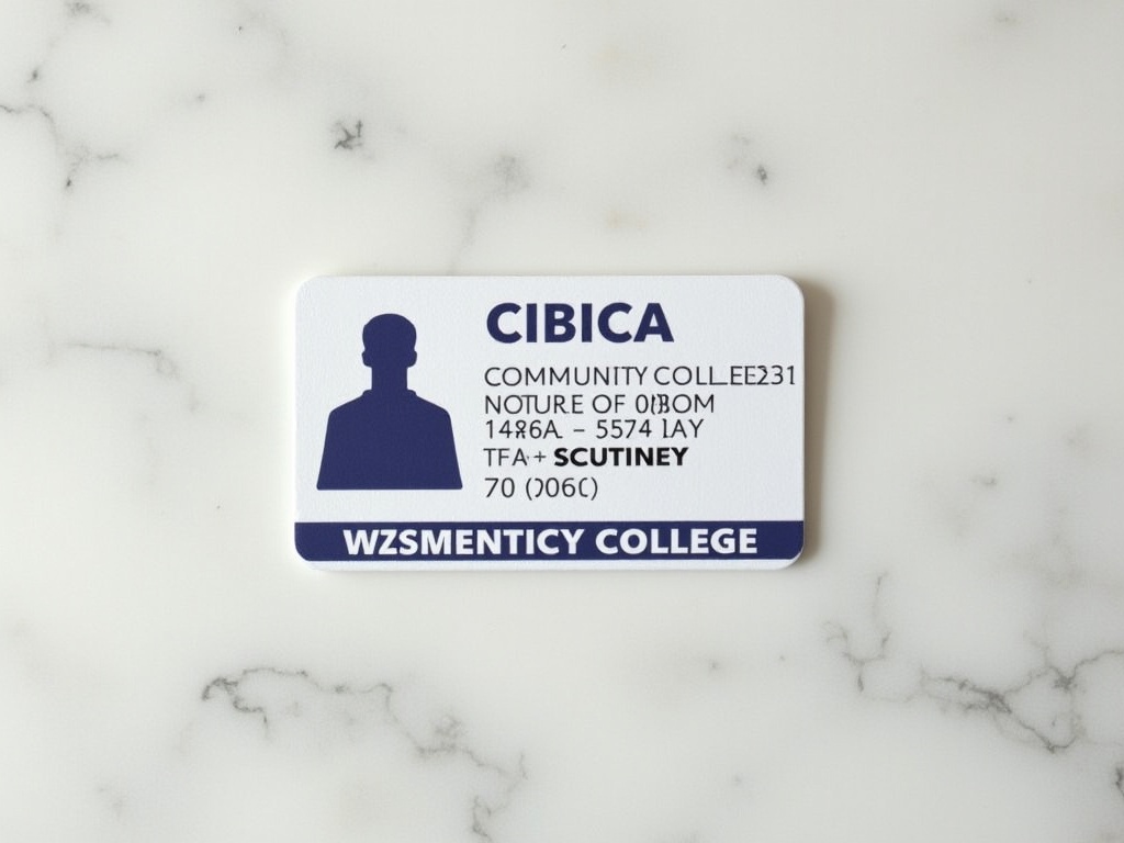 This image features a student ID card from CIBICA Community College resting on a smooth marble surface. The card has a simple design with a blue and white color scheme, displaying essential information such as the cardholder's name and college details. It's a typical representation of student identity in educational institutions. The marble background adds an elegant touch, contrasting with the flat design of the ID. This serves as a visual aid for topics related to student life, education, and identification.