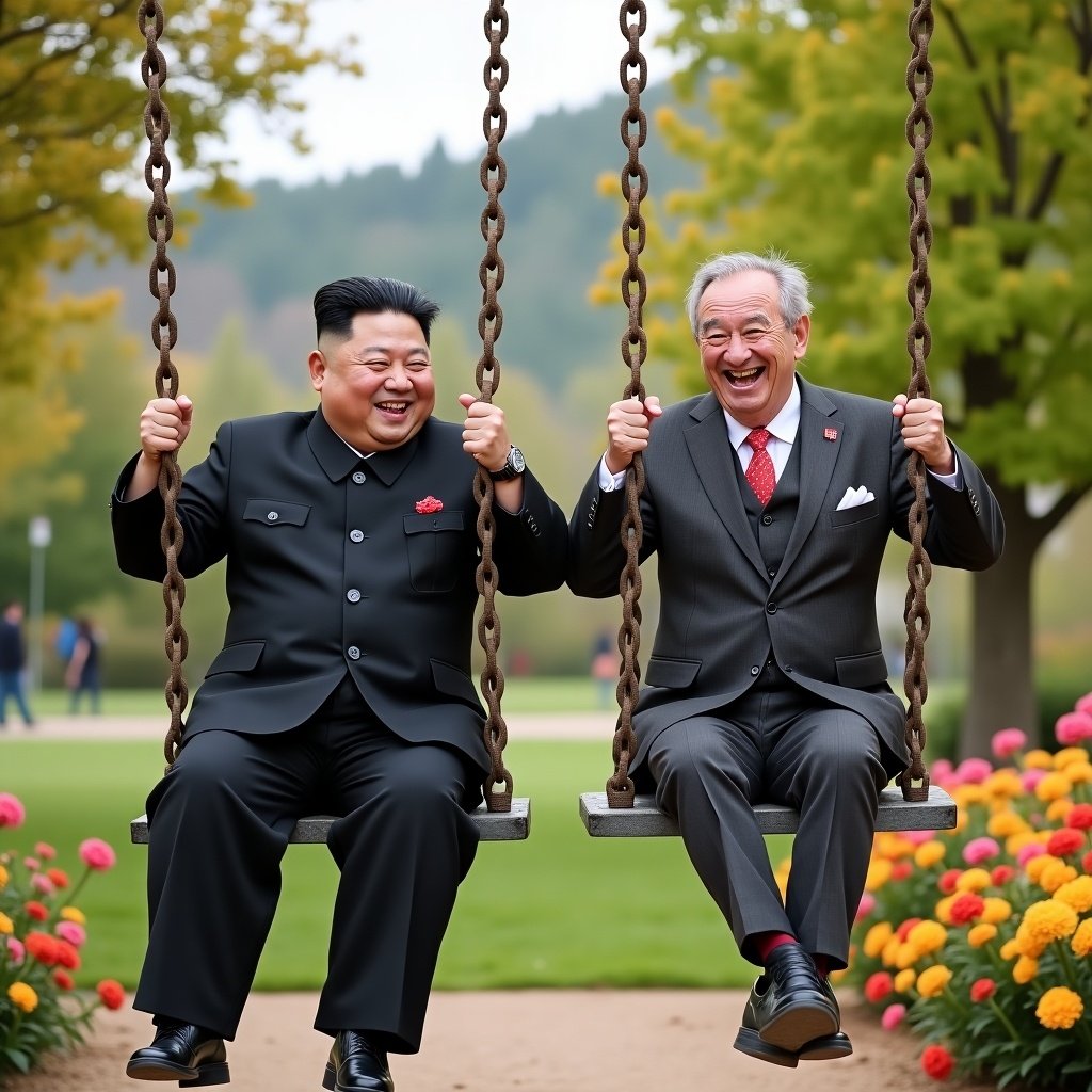 Two individuals enjoying swinging in a park. One is a North Korean leader. The other is a famous British comedy character. Both appear joyful and laughing, surrounded by flowers and trees.