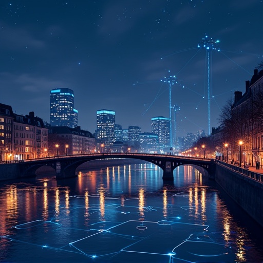 Night view of Dublin city showcasing wireless connectivity. City skyline features modern buildings filled with blue lights. A river reflects the city lights and shows wireless connection patterns in the water. The atmosphere is calm and technological. Emphasis on the bridge and urban advancements.