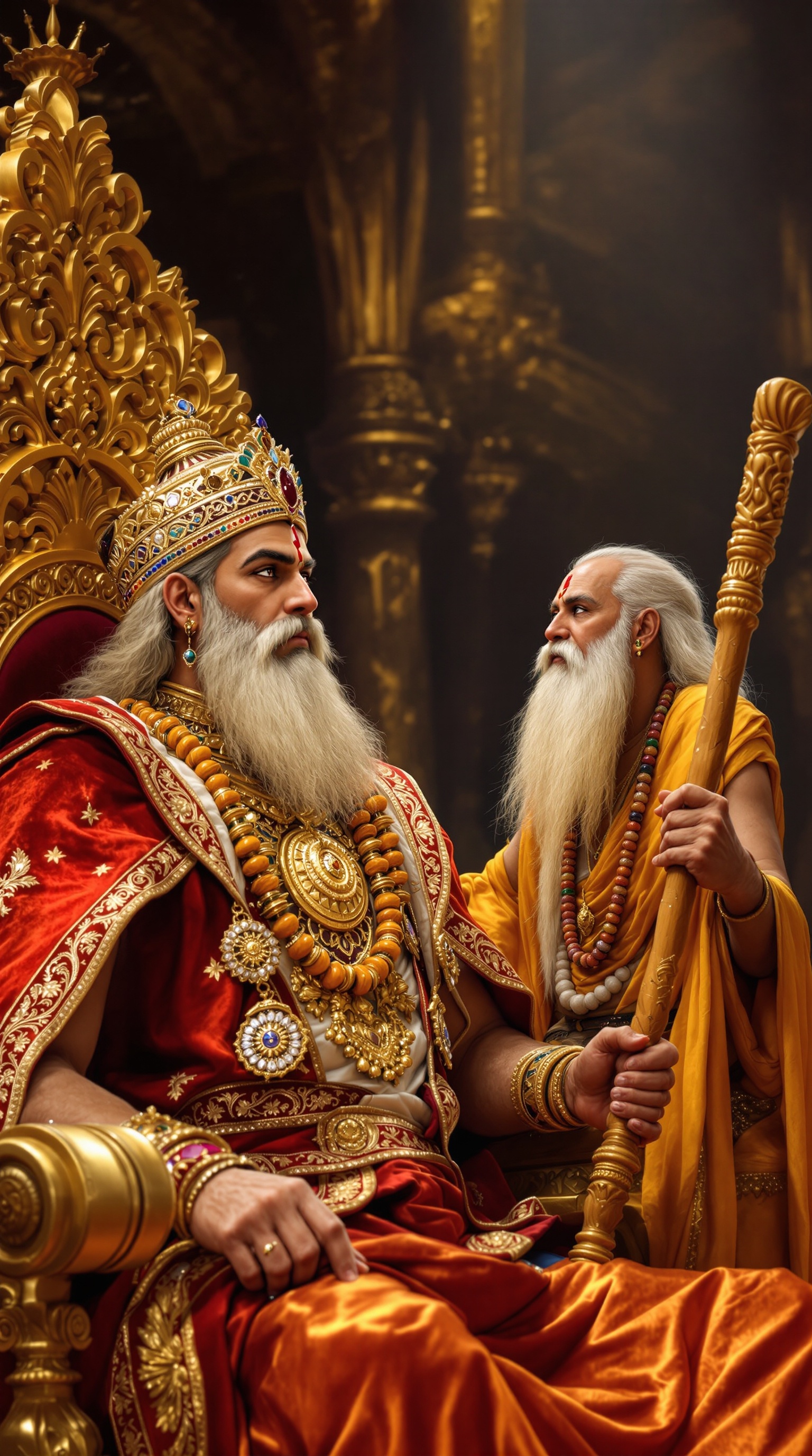 A tall strong-built Indian king on a golden throne. He has sharp features and deep brown eyes. Wears a red and gold embroidered sherwani with a velvet cape and jeweled crown. Talking with a serene Indian sage in saffron robes. The sage has a long white beard and is calm, holding a wooden staff. The atmosphere feels regal and mythical.