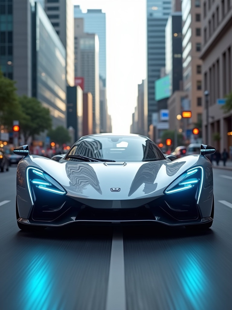 Sleek silver sports car positioned prominently in bustling urban street. Striking blue headlights glowing. Tall buildings surrounding create a modern atmosphere. Low-angle perspective emphasizes aerodynamic design. Bright setting highlights polished finish and advanced aesthetics.