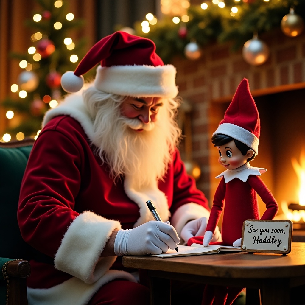 Elf on the shelf and Santa Claus writing the names Caydence and Hadley on the nice list. Elf holds a sign saying, 'See you soon, Caydence & Hadley!' in Santa's workshop.