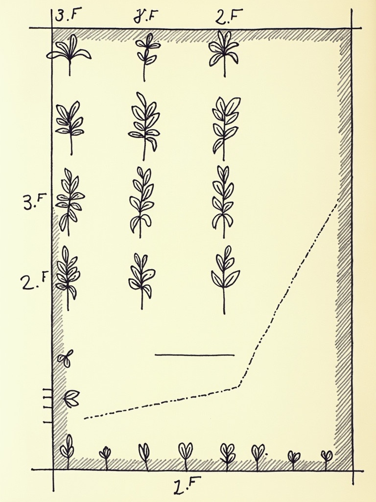 Detailed drawing plan of a functional plot layout for planting. Five rows of major plants each with three plants spaced at 20 feet apart. Between each row three smaller plants at 10 feet intervals.