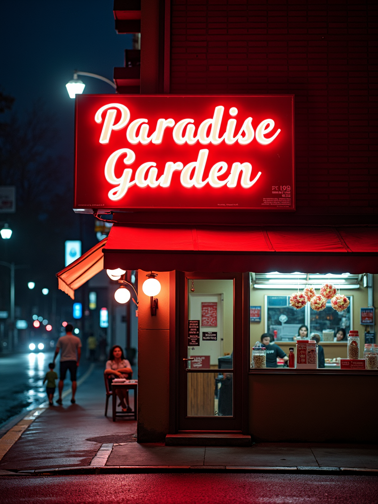 A nighttime scene featuring a brightly lit restaurant named 'Paradise Garden' with glowing red neon signage and a cozy, inviting ambiance.