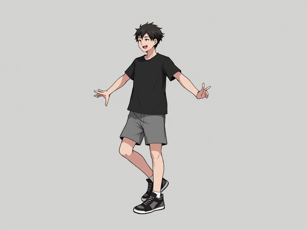 Show a side view of the character in a casual pose. He is wearing a black t-shirt and grey shorts. His sneakers are dark with white accents, adding to the laid-back style. The character has short, dark hair and a friendly expression. His arms are slightly extended, as if he is inviting someone to come closer. The background should be simple to keep the focus on the character.