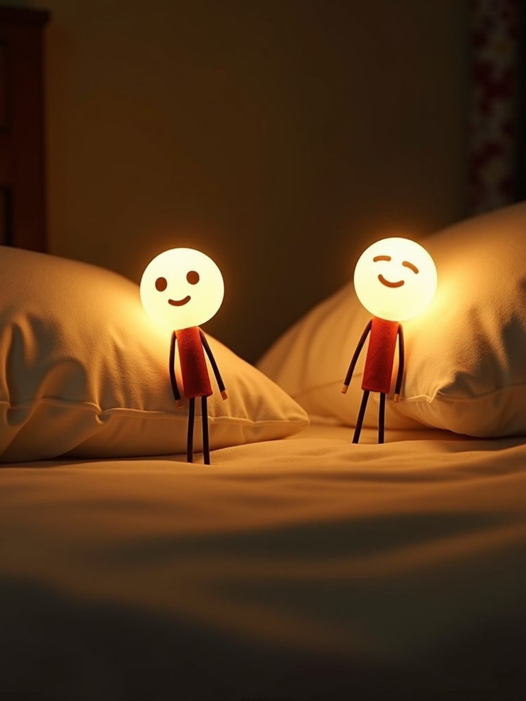 Warm lighting fills a cozy bedroom. Two matchstick figures stand on a bed. Each figure has a glowing round head. They lean against soft pillows. The scene feels whimsical. It suggests intimacy and creativity.