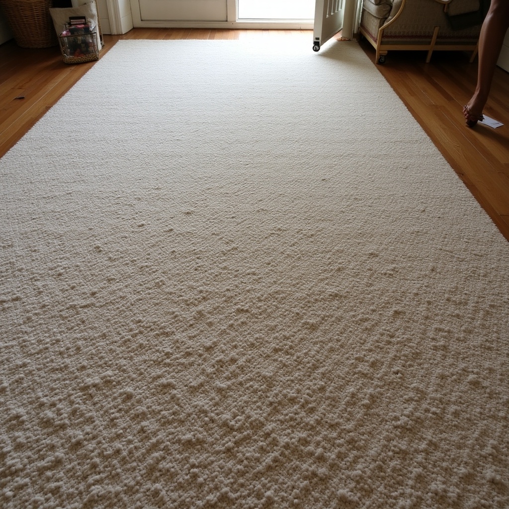 Textured carpet covering the floor. Well-lit room with a door leading outside. Slightly visible furniture in the corner.