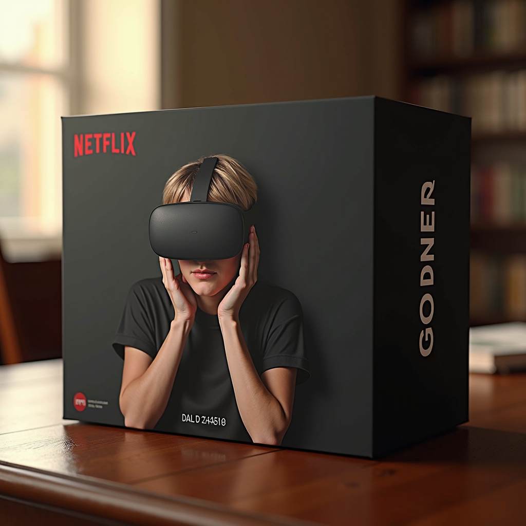 A box featuring a person wearing a VR headset, branded with 'Netflix' and 'Godner', sitting on a wooden table in a warmly lit room.